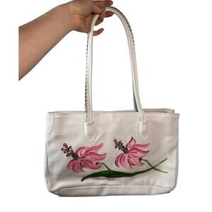 Vintage Cecconi Piero Leather Hand Painted Floral White Pebble Shoulder Bag